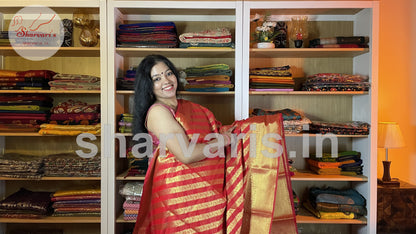 Crimson Red Banarasi Maheshwari Blend Saree with Gold Leheriyas