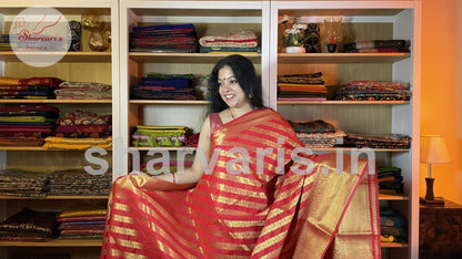 Crimson Red Banarasi Maheshwari Blend Saree with Gold Leheriyas