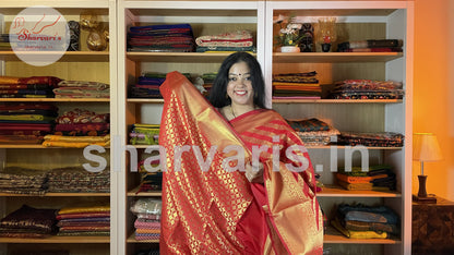 Crimson Red Banarasi Maheshwari Blend Saree with Gold Leheriyas