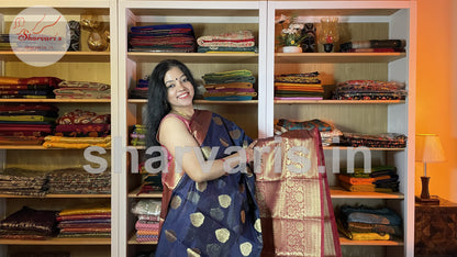 Navy Blue and Red Banarasi Silk Blend Saree with 18 Inches Border