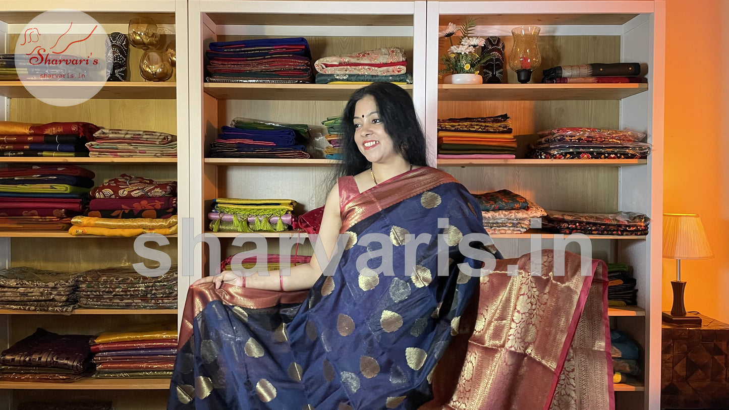 Navy Blue and Red Banarasi Silk Blend Saree with 18 Inches Border