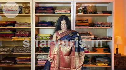 Navy Blue and Red Banarasi Silk Blend Saree with 18 Inches Border