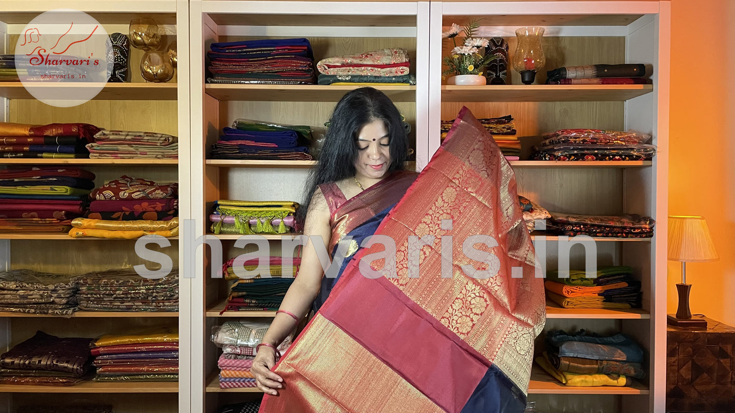 Navy Blue and Red Banarasi Silk Blend Saree with 18 Inches Border