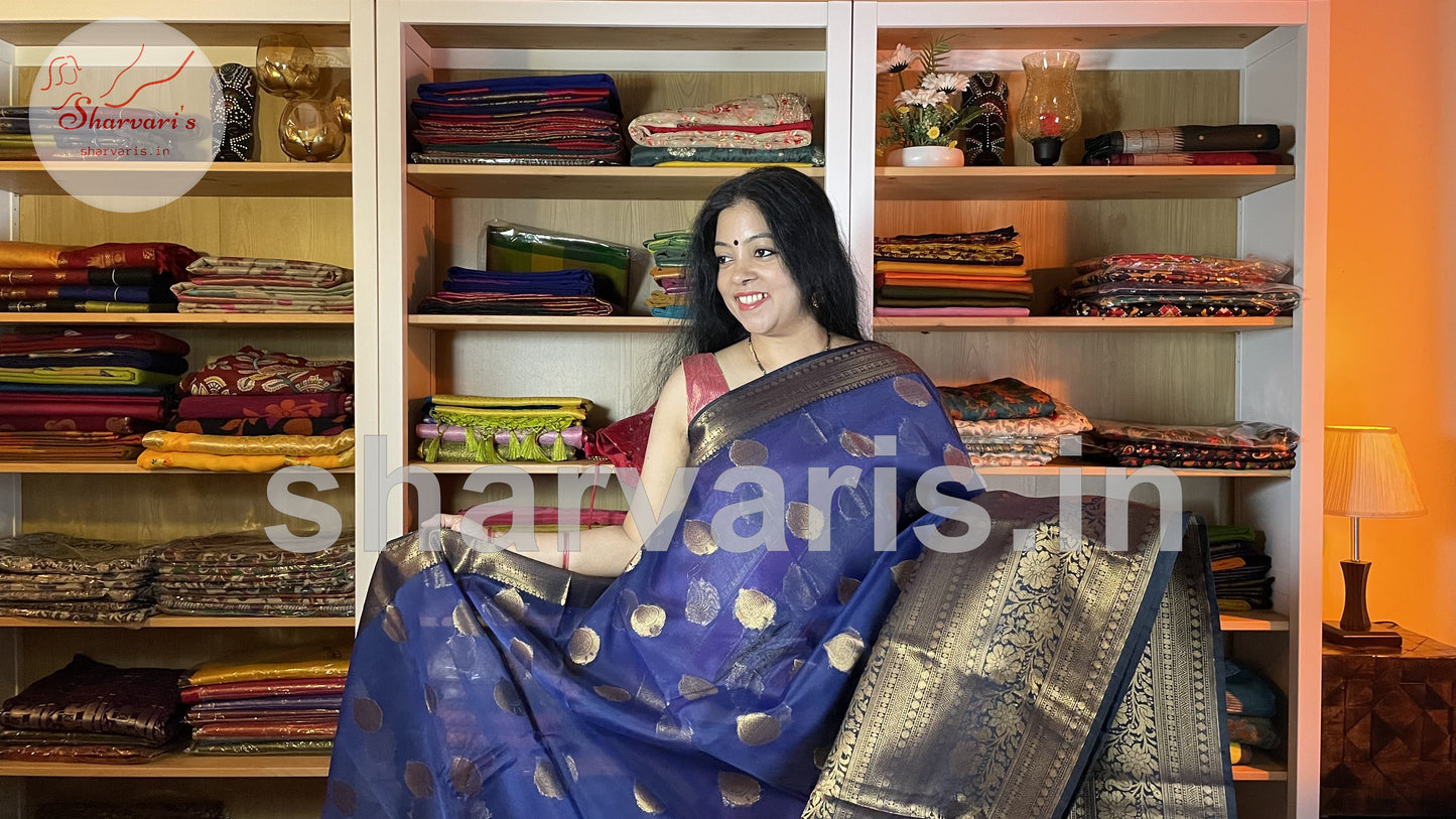 Navy Blue Banarasi Silk Blend Saree with 18 Inches Border