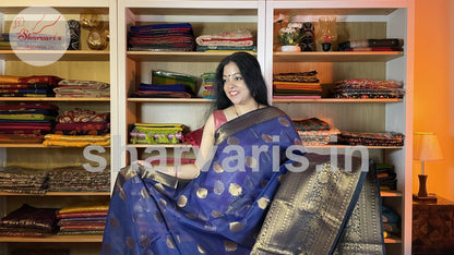 Navy Blue Banarasi Silk Blend Saree with 18 Inches Border