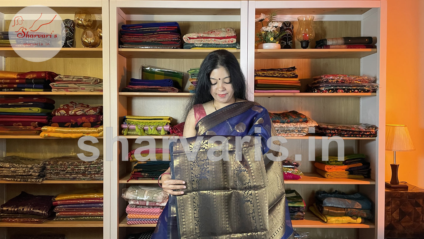 Navy Blue Banarasi Silk Blend Saree with 18 Inches Border