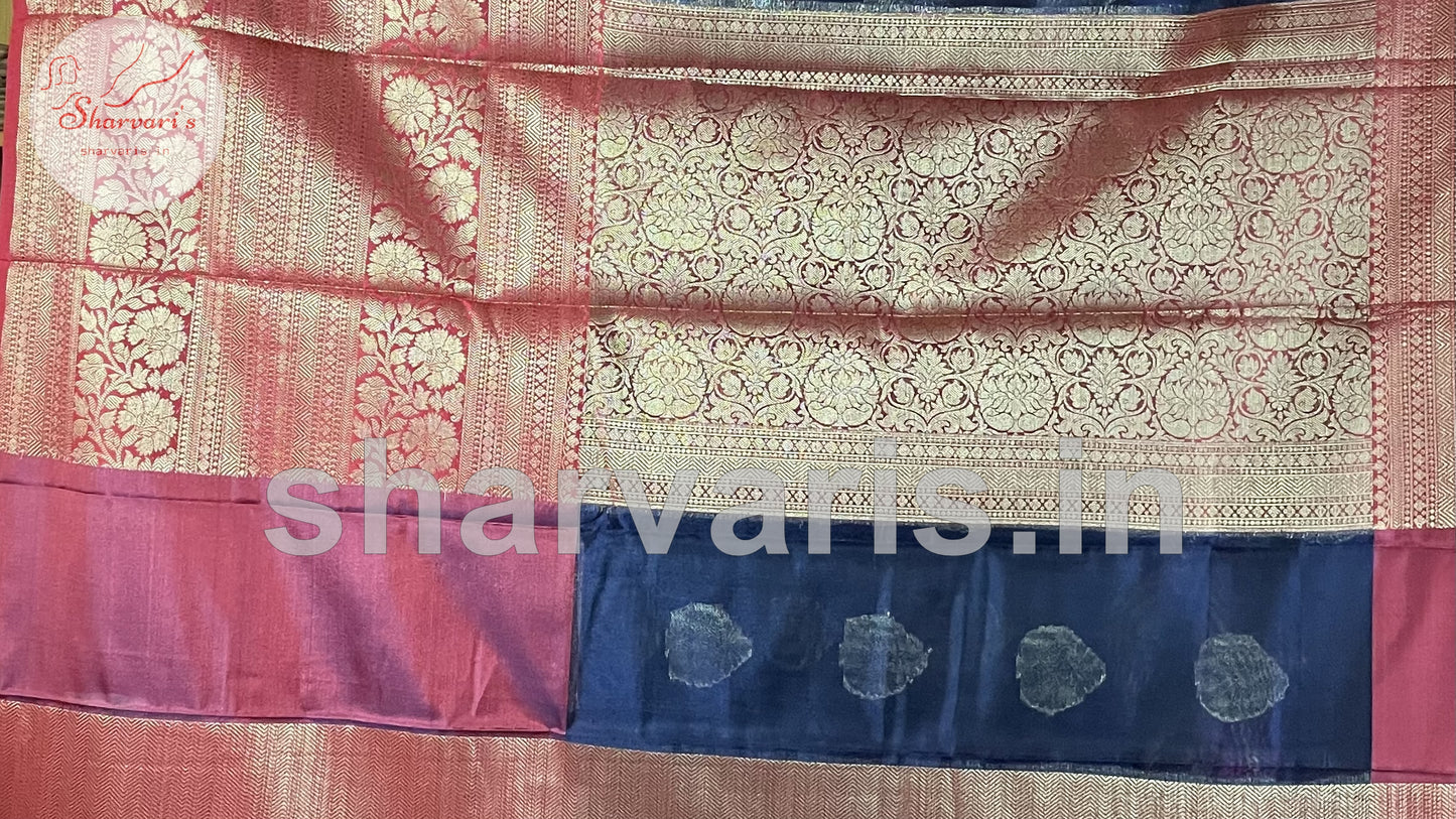 Navy Blue and Red Banarasi Silk Blend Saree with 18 Inches Border