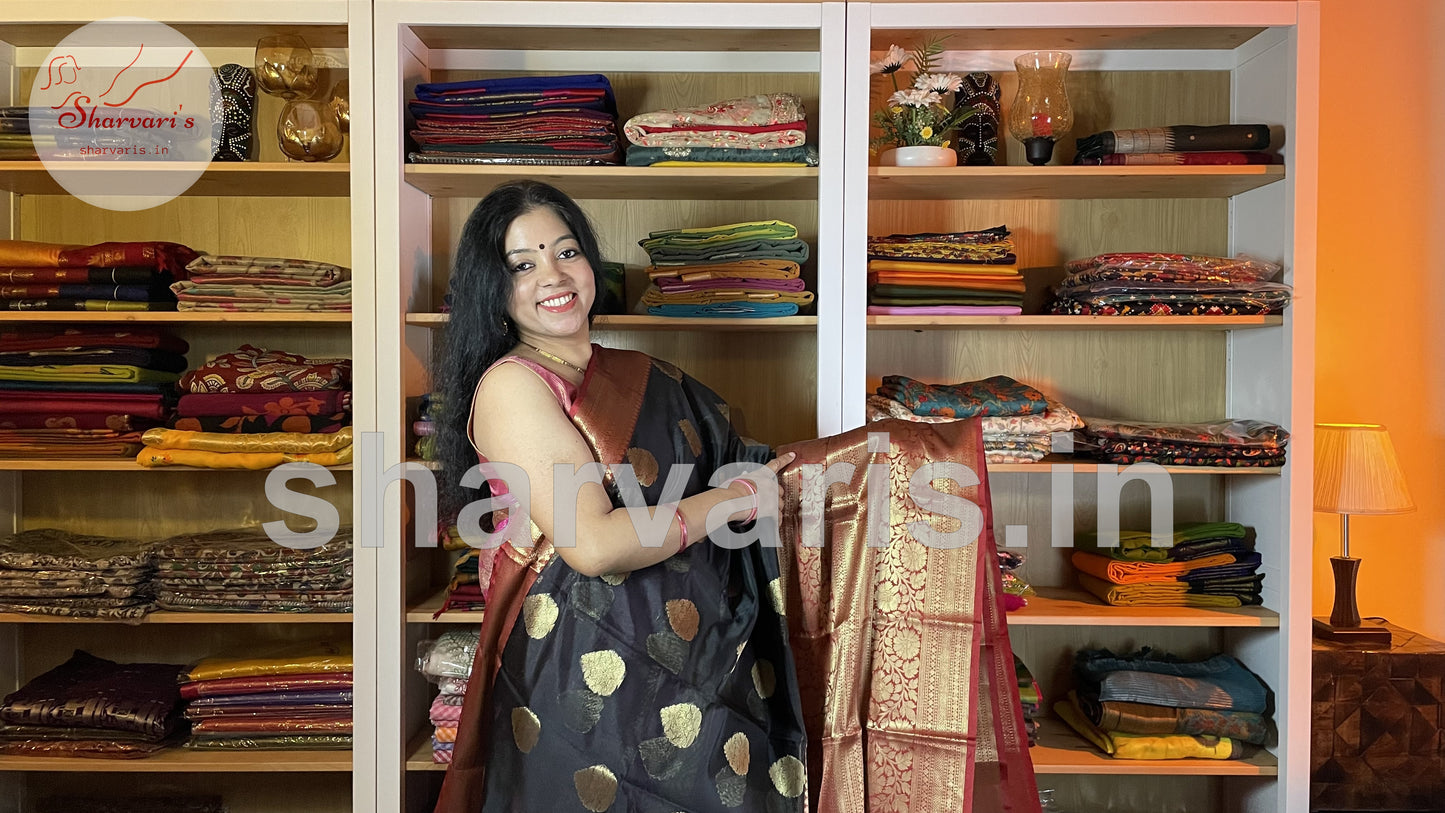 Black and Red Banarasi Silk Blend Saree with 18 Inches Border