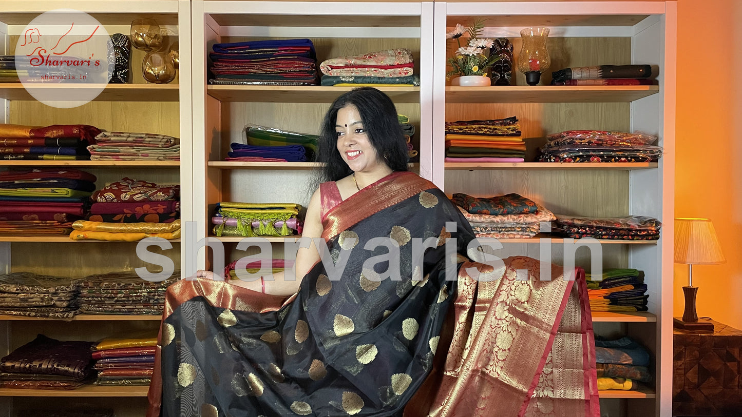 Black and Red Banarasi Silk Blend Saree with 18 Inches Border