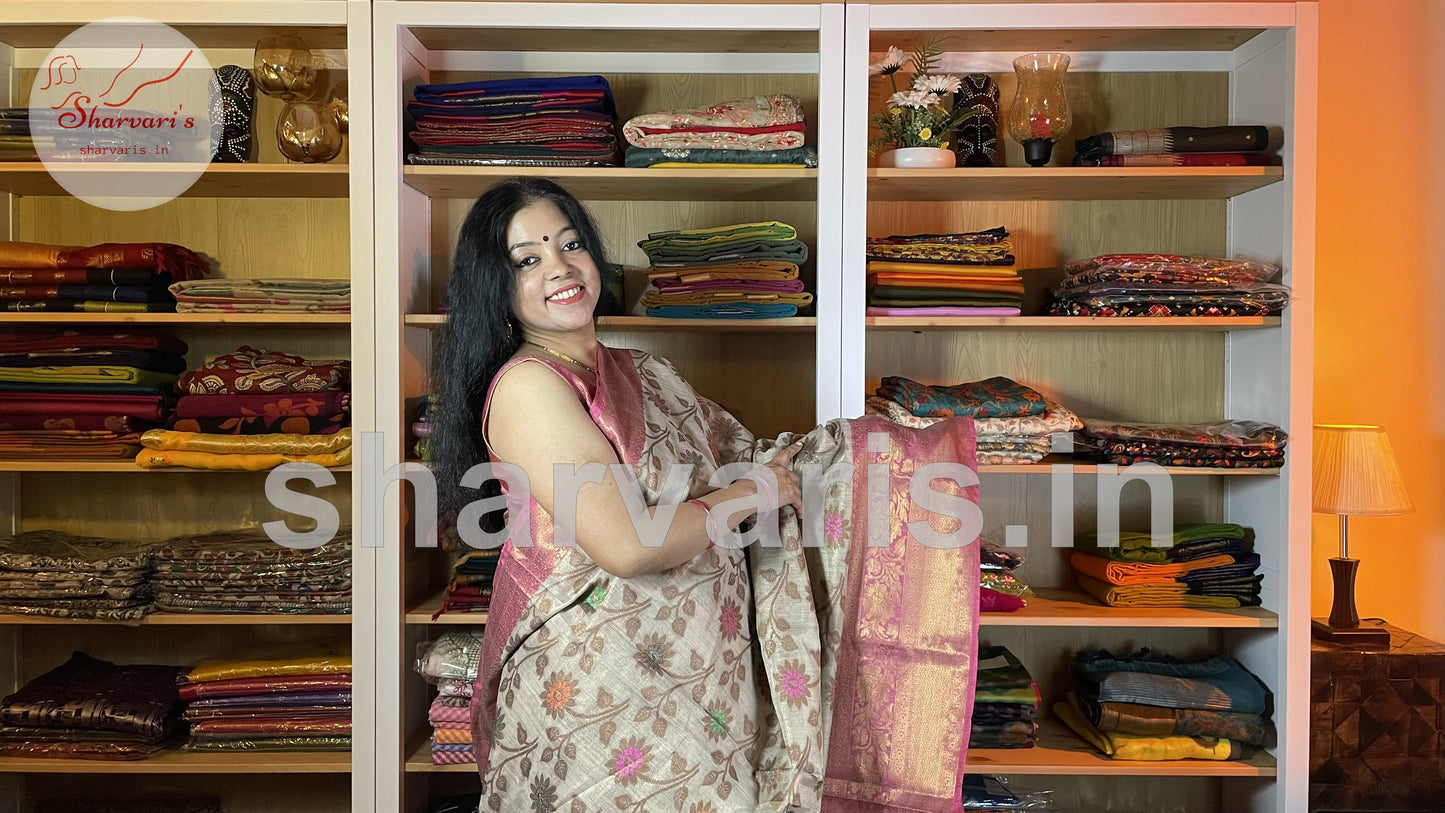 Off-white and Pink Khaddi Banarasi Soft Tissue Saree with Alfi Minakari Work