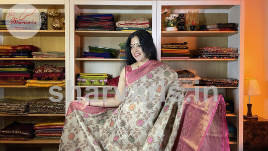 Off-white and Pink Khaddi Banarasi Soft Tissue Saree with Alfi Minakari Work