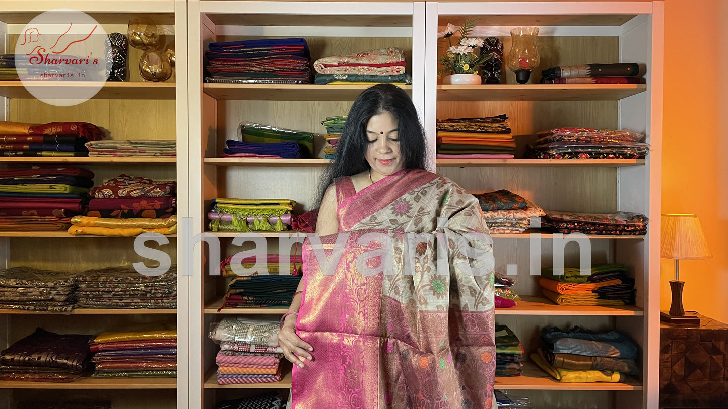 Off-white and Pink Khaddi Banarasi Soft Tissue Saree with Alfi Minakari Work