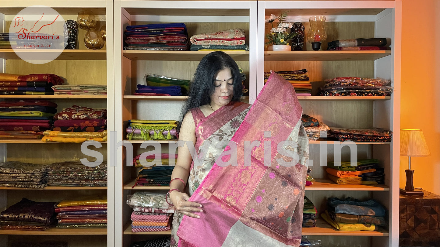 Off-white and Pink Khaddi Banarasi Soft Tissue Saree with Alfi Minakari Work