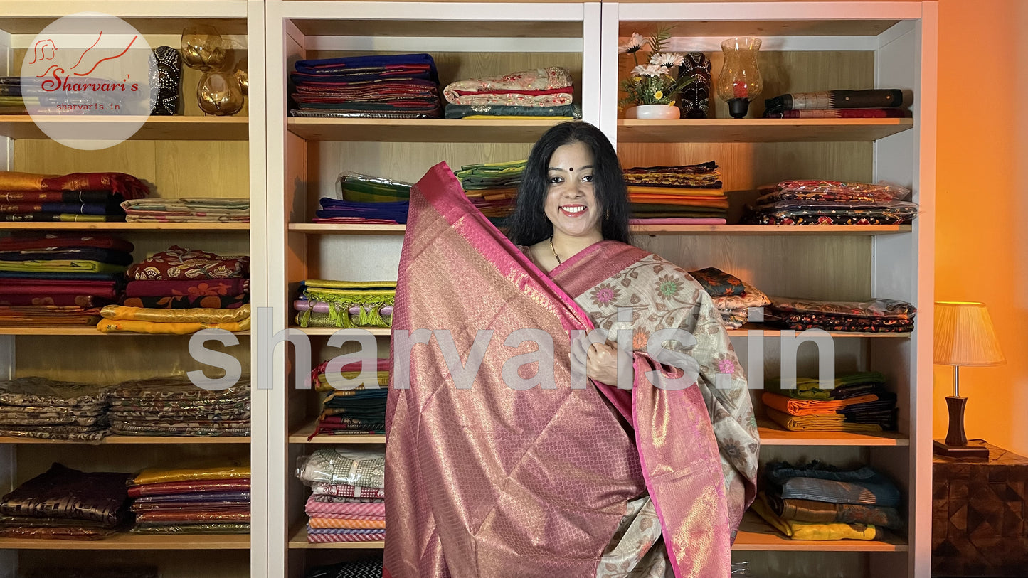 Off-white and Pink Khaddi Banarasi Soft Tissue Saree with Alfi Minakari Work