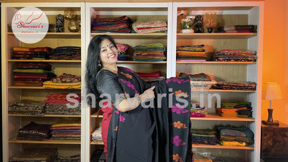 Black Premium Bengal Cotton Saree with Thread Work Floral Patterns