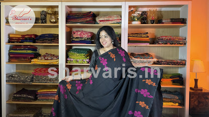 Black Premium Bengal Cotton Saree with Thread Work Floral Patterns