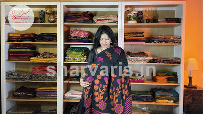 Black Premium Bengal Cotton Saree with Thread Work Floral Patterns