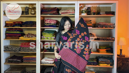 Black Premium Bengal Cotton Saree with Thread Work Floral Patterns