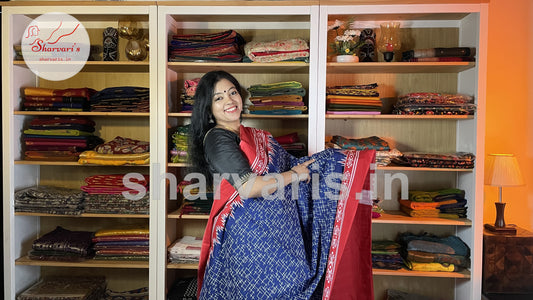 Royal Blue and Red Mulmul Cotton Saree