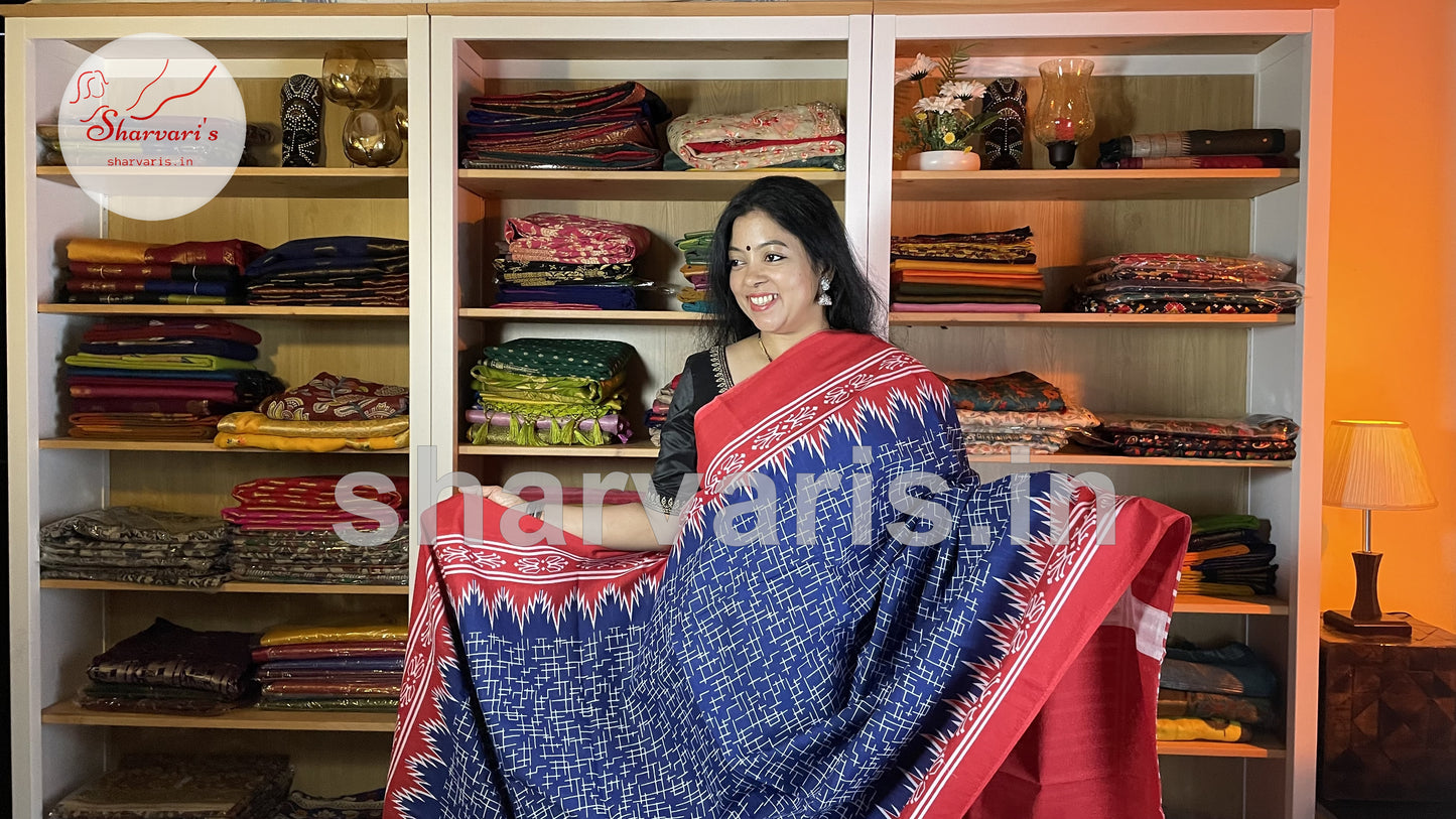 Royal Blue and Red Mulmul Cotton Saree