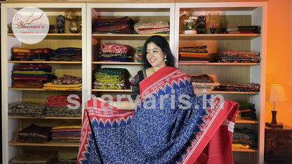 Royal Blue and Red Mulmul Cotton Saree