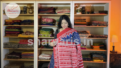 Royal Blue and Red Mulmul Cotton Saree