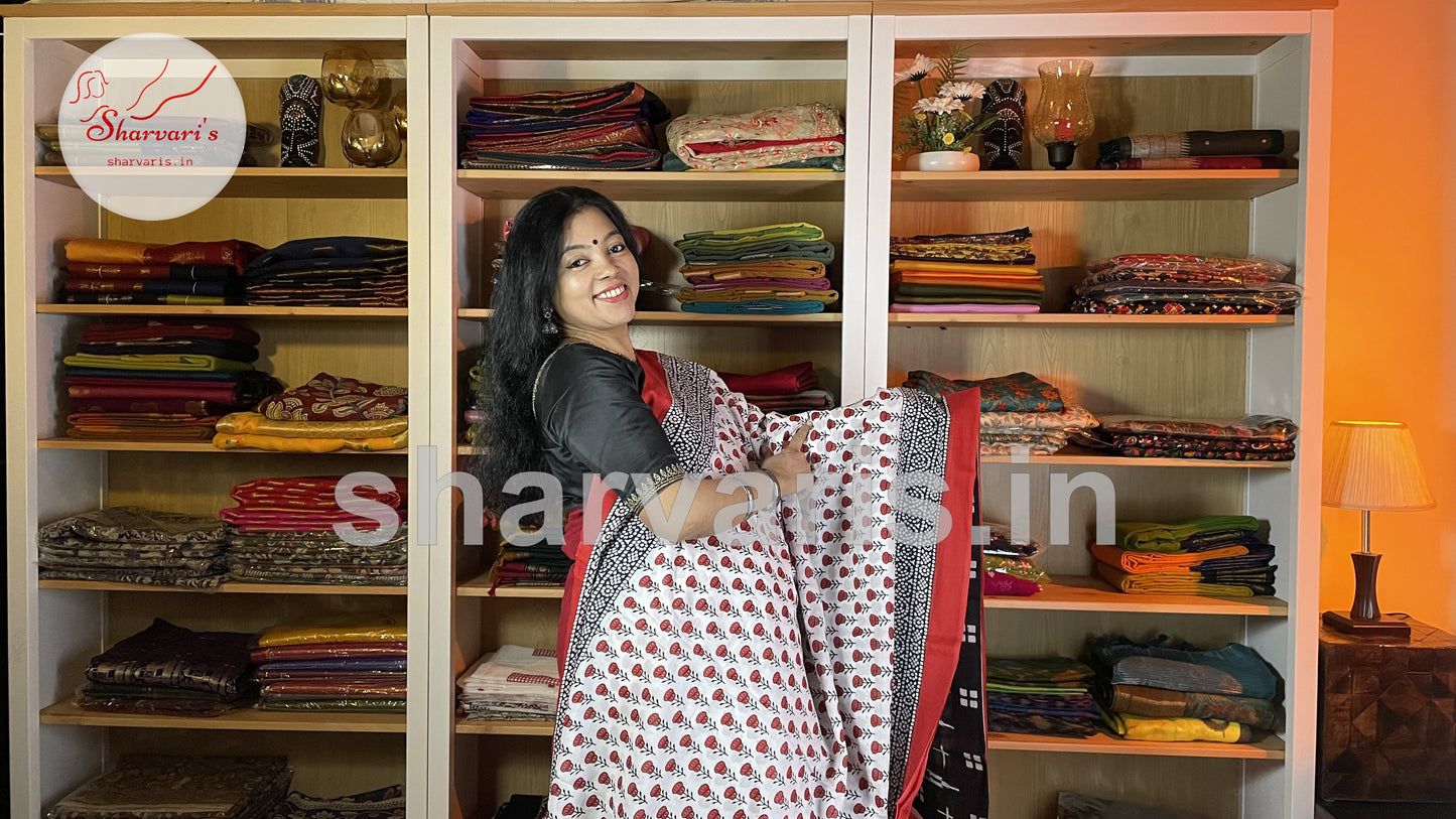 White and Red Mulmul Cotton Saree with Small Rose Prints