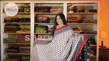 White and Red Mulmul Cotton Saree with Small Rose Prints