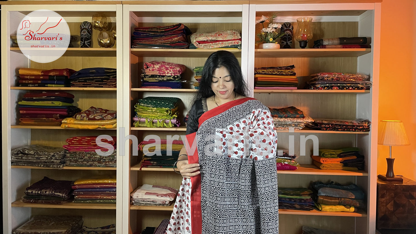 White and Red Mulmul Cotton Saree with Small Rose Prints