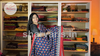 Blue and Red Mulmul Cotton Saree with Paisley Prints