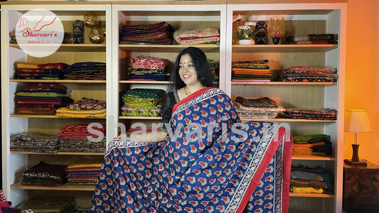 Blue and Red Mulmul Cotton Saree with Paisley Prints