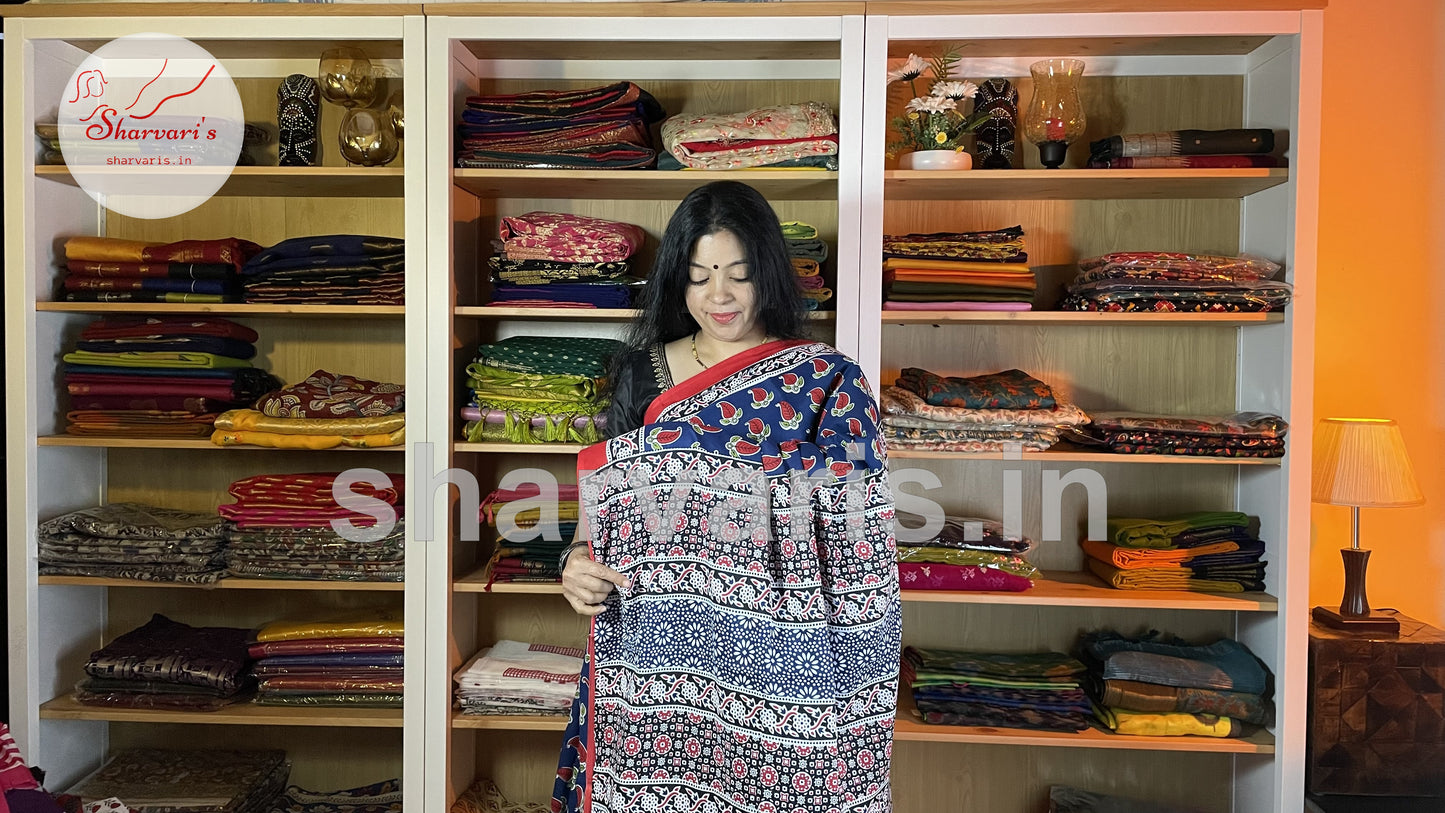 Blue and Red Mulmul Cotton Saree with Paisley Prints