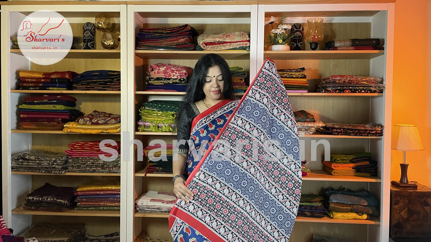 Blue and Red Mulmul Cotton Saree with Paisley Prints