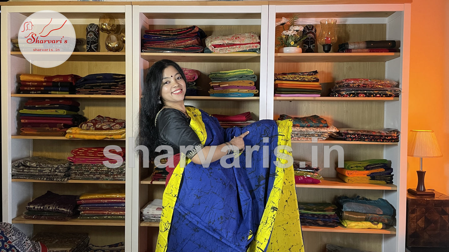 Royal Blue and Yellow Mulmul Cotton Saree