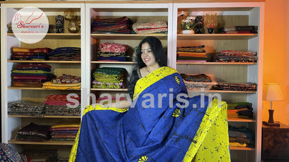 Royal Blue and Yellow Mulmul Cotton Saree