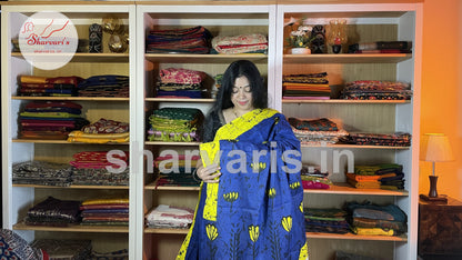 Royal Blue and Yellow Mulmul Cotton Saree