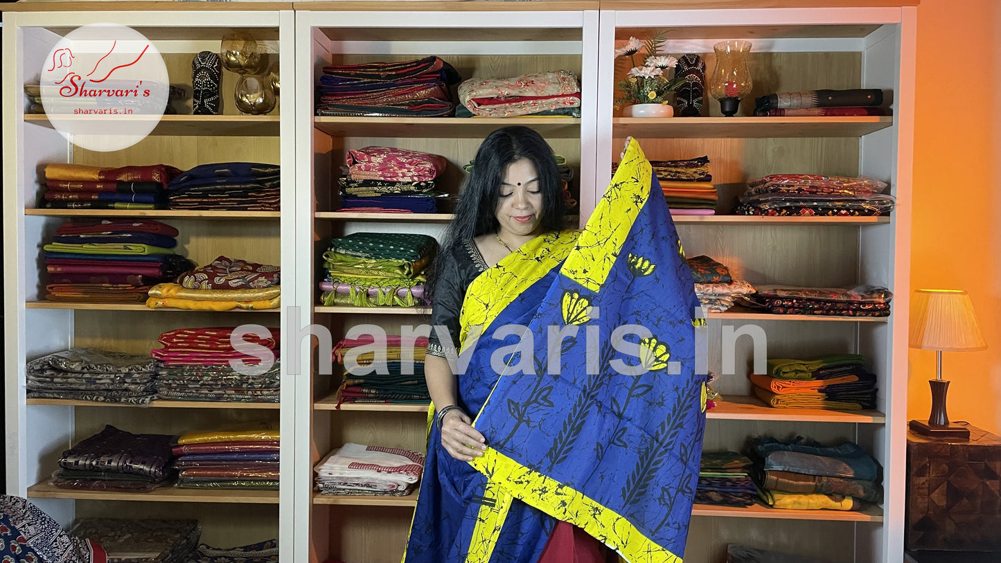 Royal Blue and Yellow Mulmul Cotton Saree