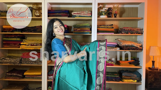 Bluish Green Narayanpet Cotton Saree with Thread Work Peacock Motifs