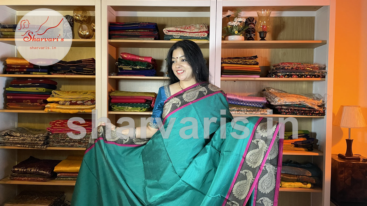 Bluish Green Narayanpet Cotton Saree with Thread Work Peacock Motifs