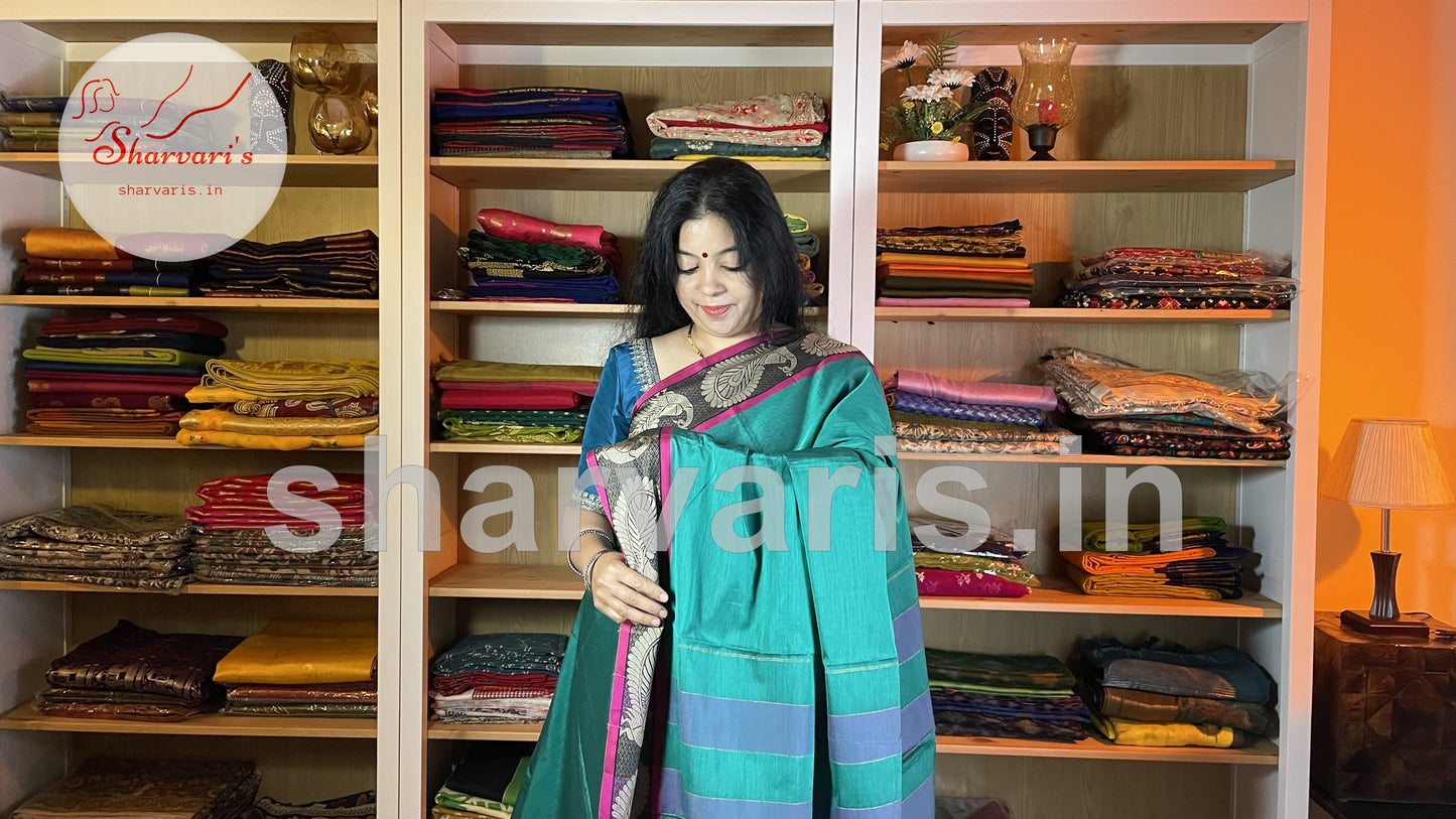 Bluish Green Narayanpet Cotton Saree with Thread Work Peacock Motifs