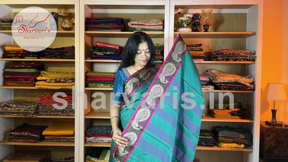 Bluish Green Narayanpet Cotton Saree with Thread Work Peacock Motifs