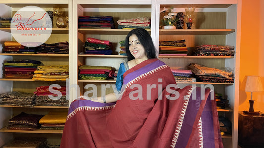 Maroon Mangalgiri Cotton Saree with Thread Work Borders