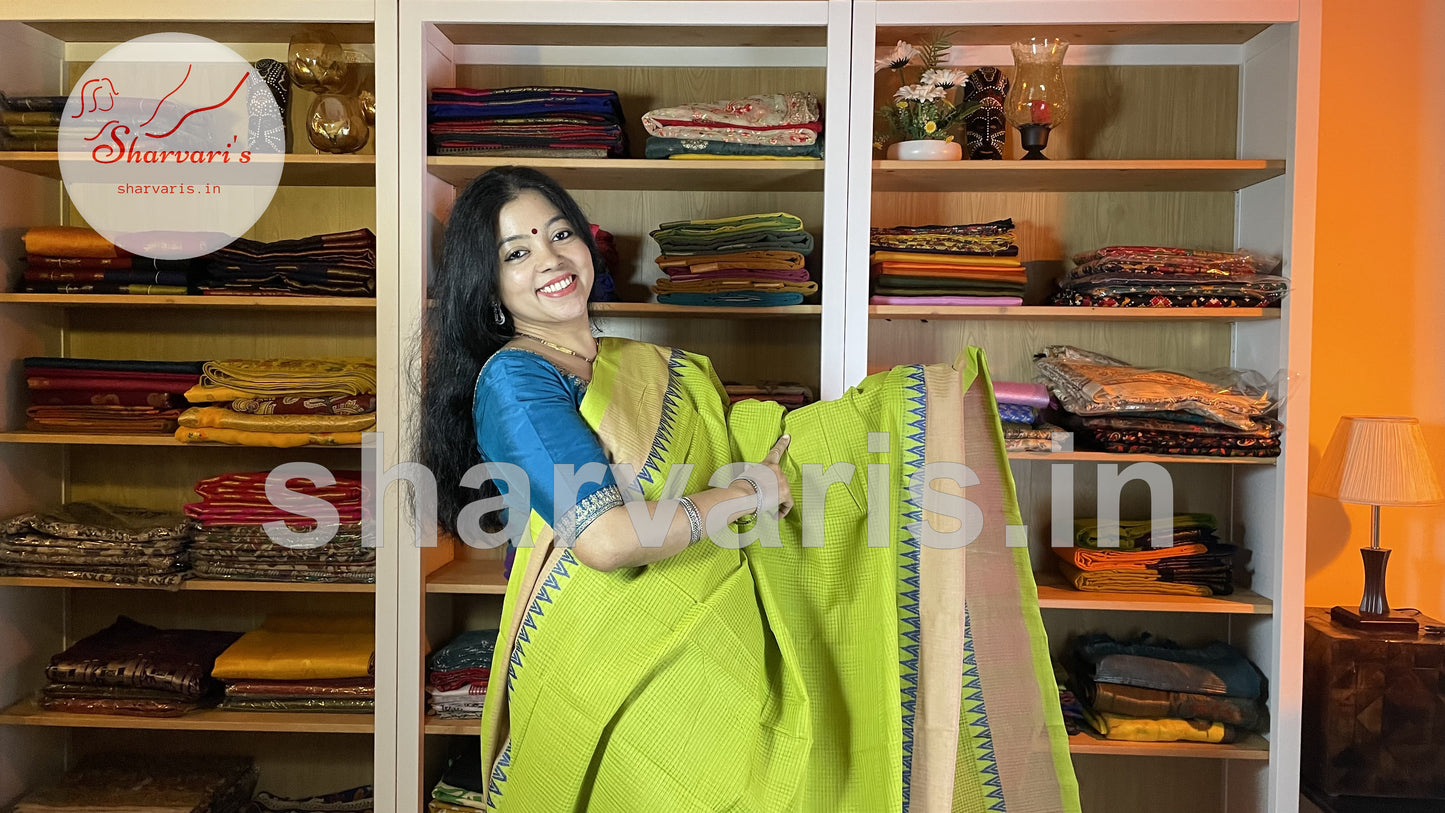 Lime Green Mangalgiri Cotton Saree with Thread Work Temple Borders