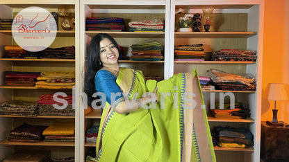 Lime Green Mangalgiri Cotton Saree with Thread Work Temple Borders