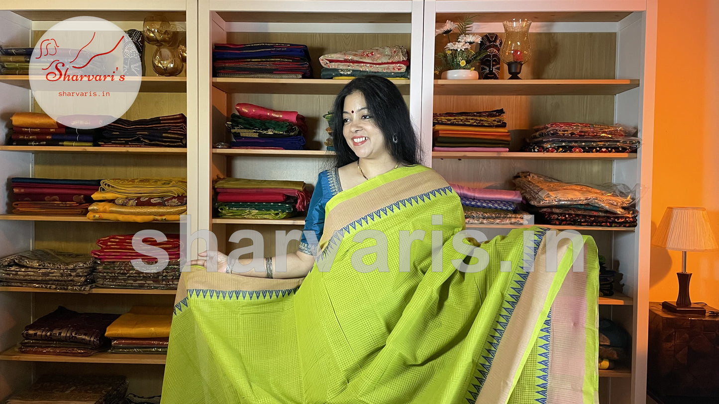 Lime Green Mangalgiri Cotton Saree with Thread Work Temple Borders