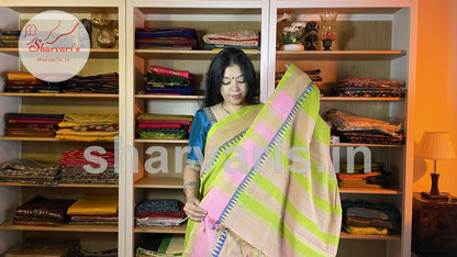 Lime Green Mangalgiri Cotton Saree with Thread Work Temple Borders