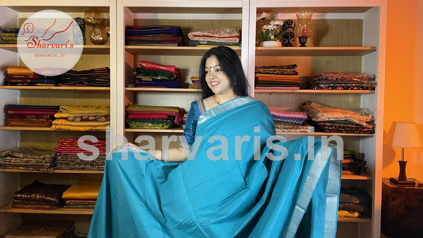 Cyan Blue Mangalgiri Cotton Saree with Zari Work Temple Borders