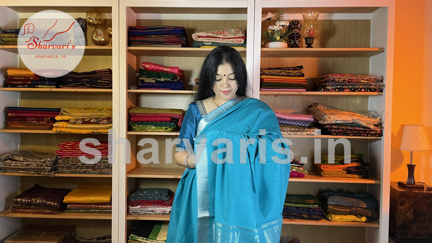 Cyan Blue Mangalgiri Cotton Saree with Zari Work Temple Borders