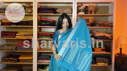 Cyan Blue Mangalgiri Cotton Saree with Zari Work Temple Borders