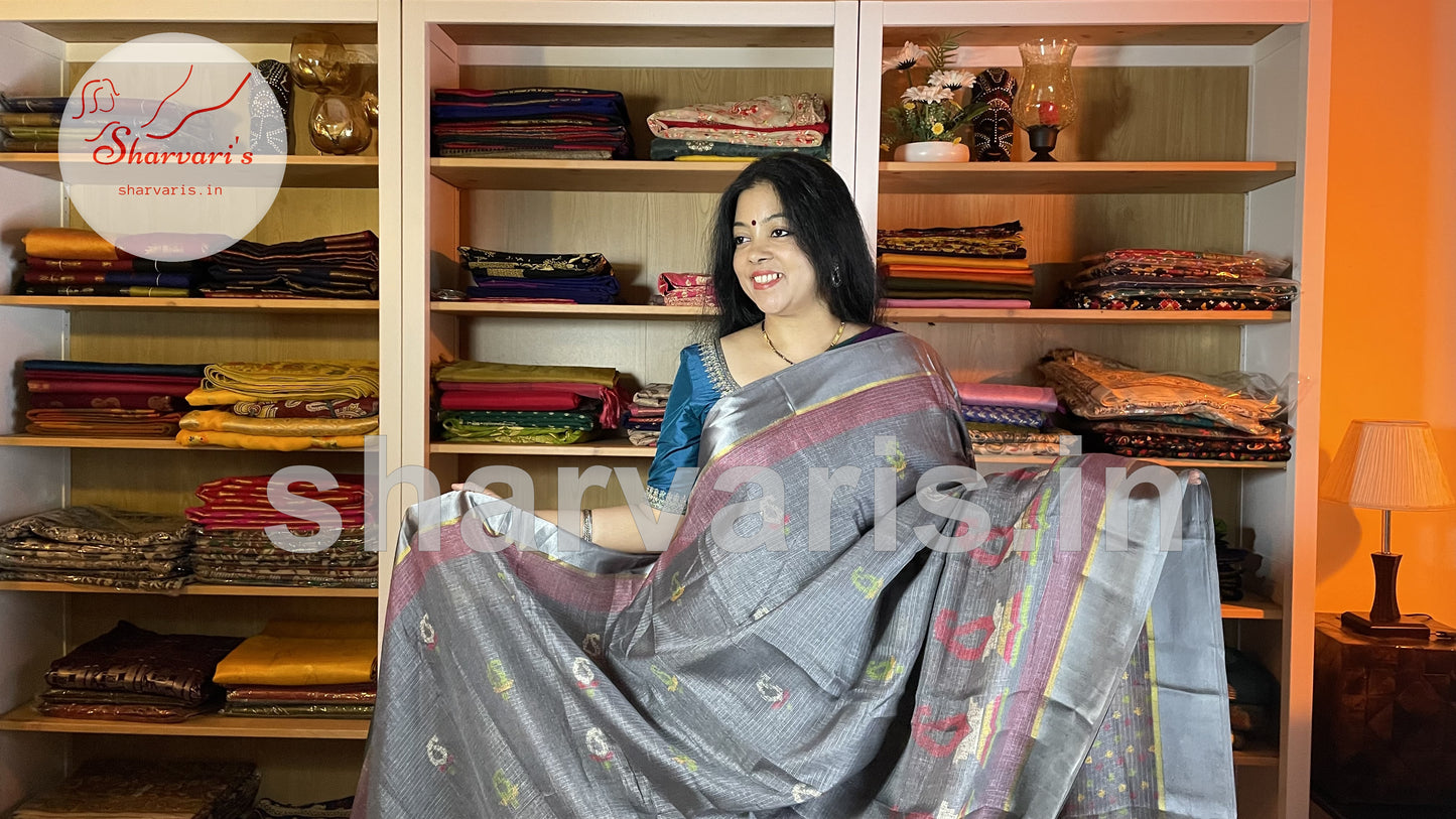 Pewter Grey Soft Kota Silk Saree with Satin Borders